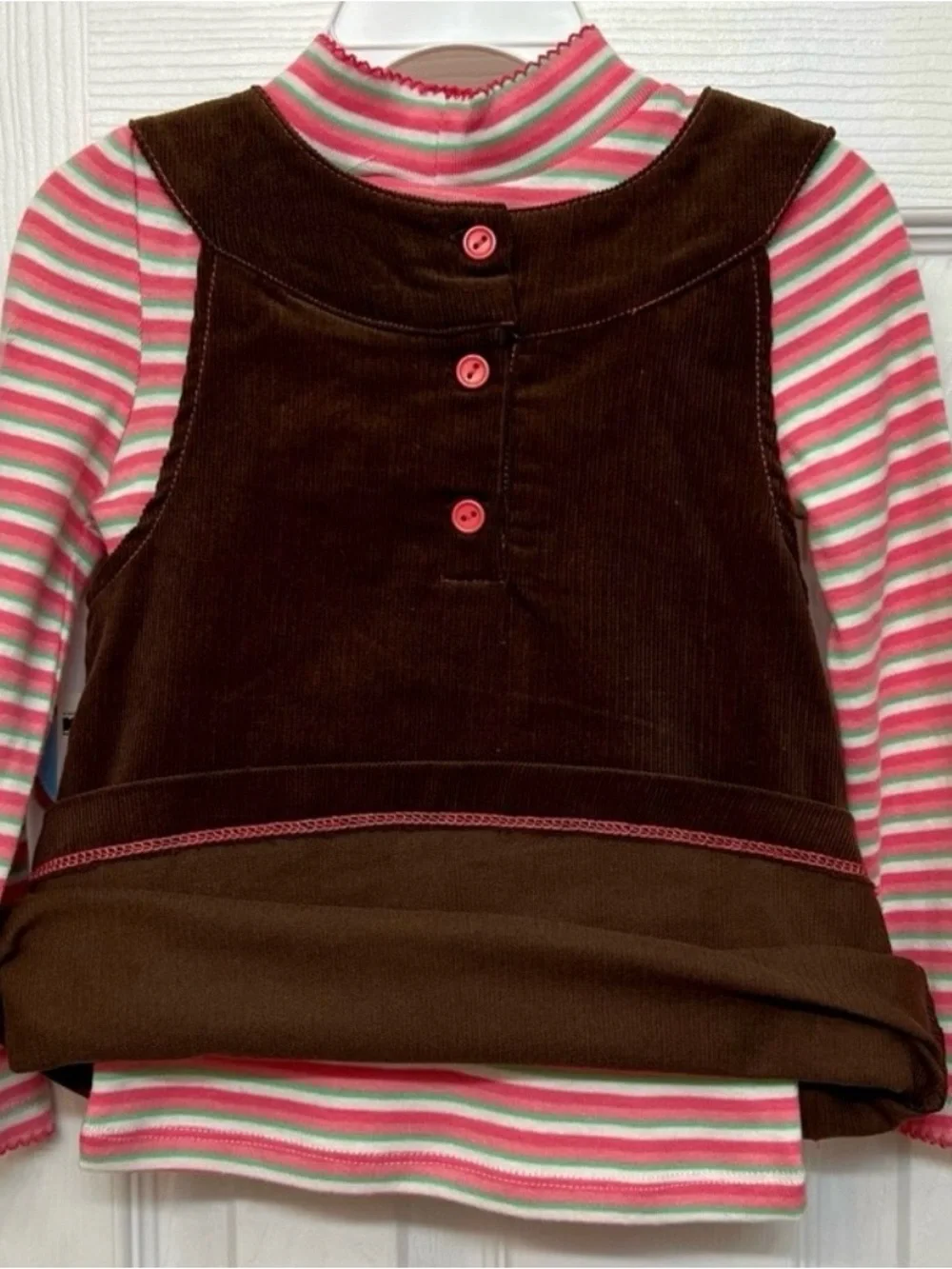 Girl's Fall Brown Corduroy Fox Jumper Dress with Pink Striped Tee